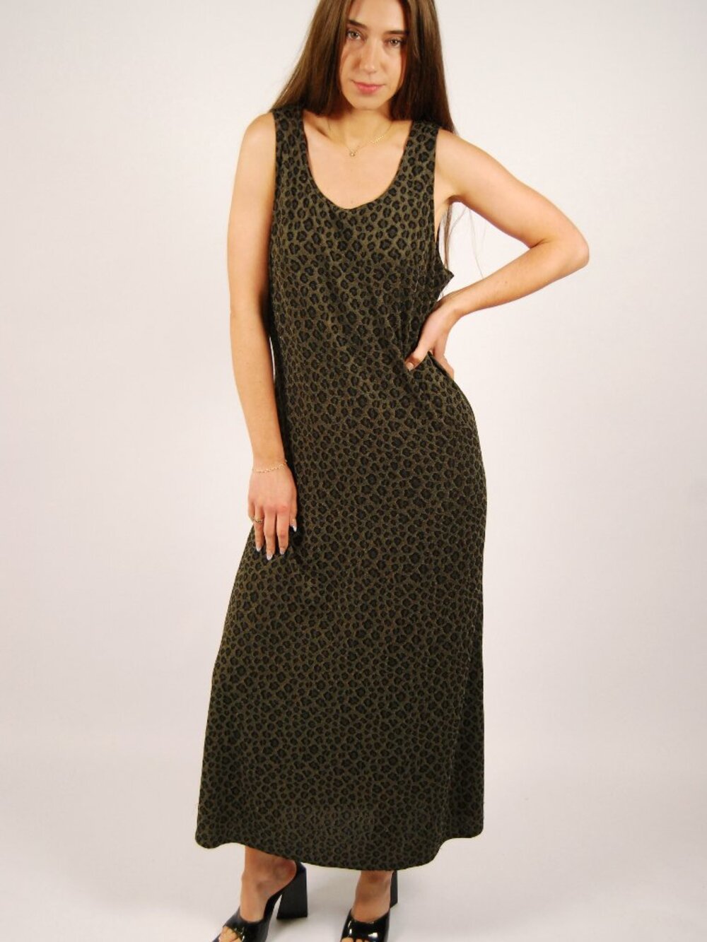 90s Leopard Tank Dress (XL) grey vintage maxi cheetah animal print stretch chic